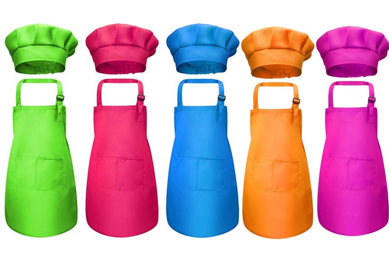 Tamicy 10 Pieces Kids Chef Hat and Apron Set - Child Kitchen Bib Aprons with Pockets Girls Boys Chef Hats for Cooking Baking Gardening Painting Wear (Rose Red Green Blue Orange Purple) - Image 1